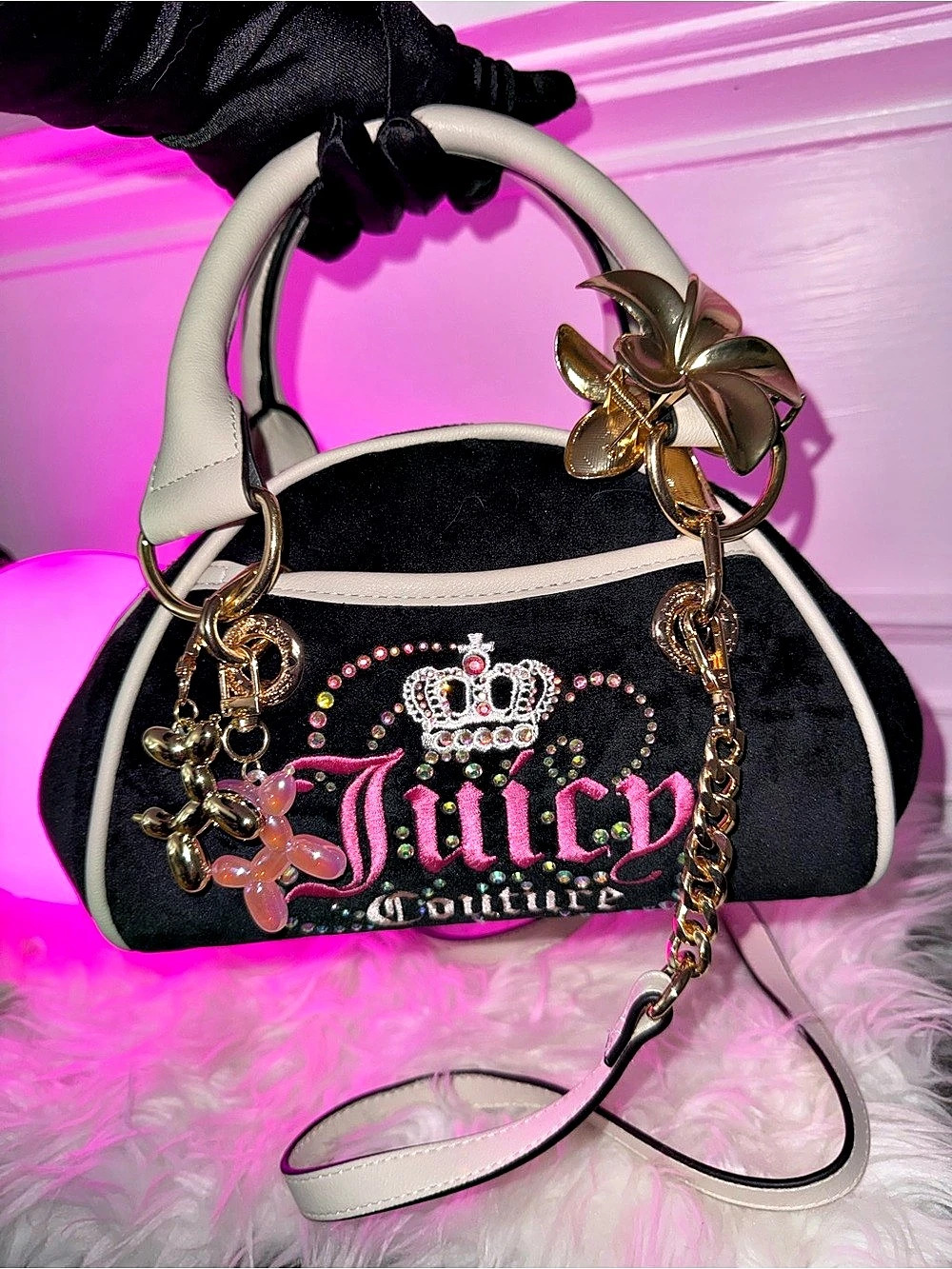 Juicy Couture Y2K  Vintage Vibes Satchel Black & Pink with Charms + Gold Floral
